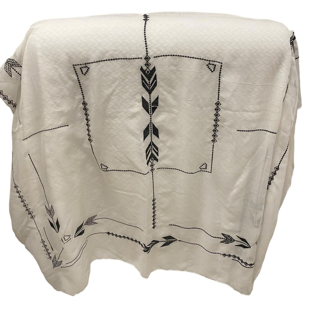 Ann Taylor Loft White Wrap with Black Embroidery and Corner Tassels Scarf